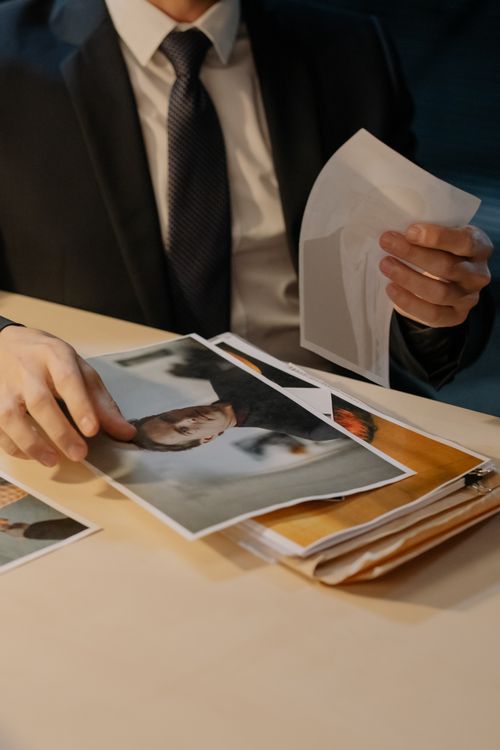 Investigador analizando documentos y pruebas sobre una mesa