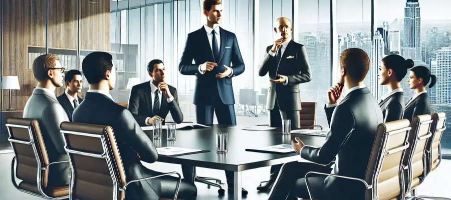 DALL·E 2025-01-30 16.12.08 - A realistic corporate office setting with executives in a meeting, discussing high-level business strategies. A professional-looking CEO is leading th