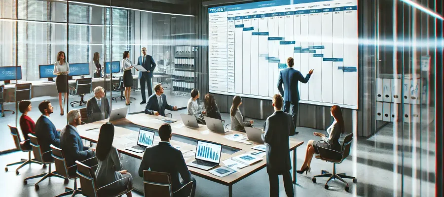 DALL·E 2025-01-30 16.12.10 – A realistic office environment where a diverse team of professionals is engaged in project management. A project manager is presenting a Gantt chart o DALL·E 2025-01-30 16.12.10 - A realistic office environment where a diverse team of professionals is engaged in project management. A project manager is presenting a Gantt chart o